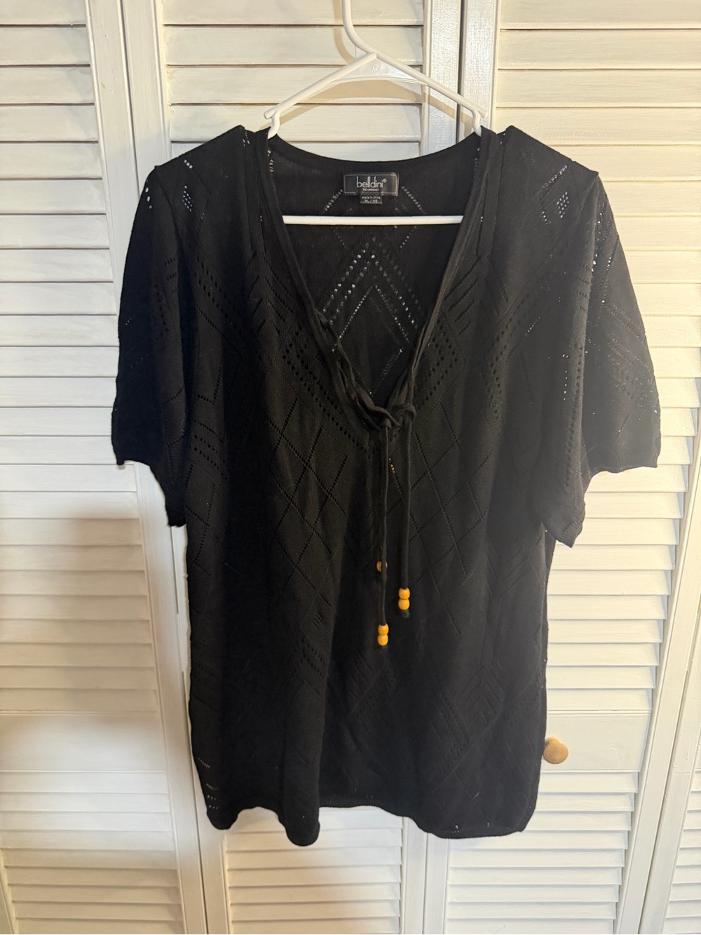 Belldini Black Short-Sleeve Knit Top with V-Neck Tie and Bead Accents